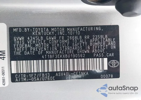 2011 Toyota Camry Le из США, поврежденный, VIN 4T1BF3EKXBU190562